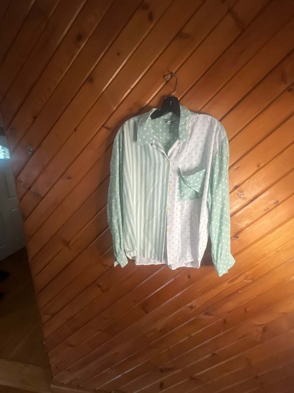 Vintage Significance Mint Green Mixed Polka Dot and Striped Button Down Shirt